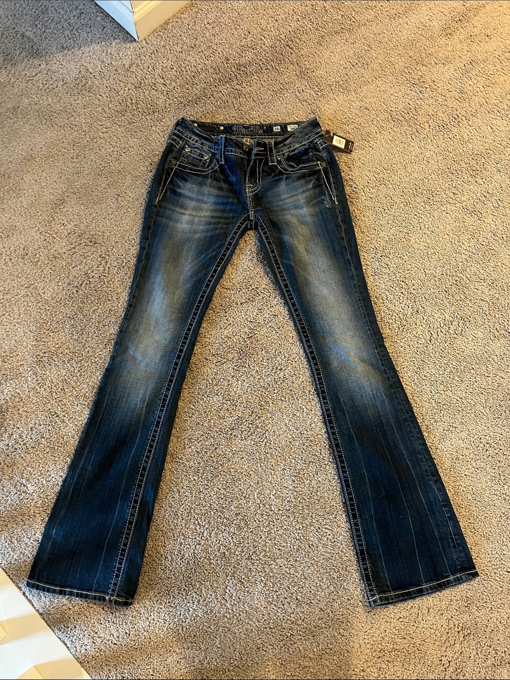 Miss Me Dark Blue Flare Jeans with Faded Whiskering